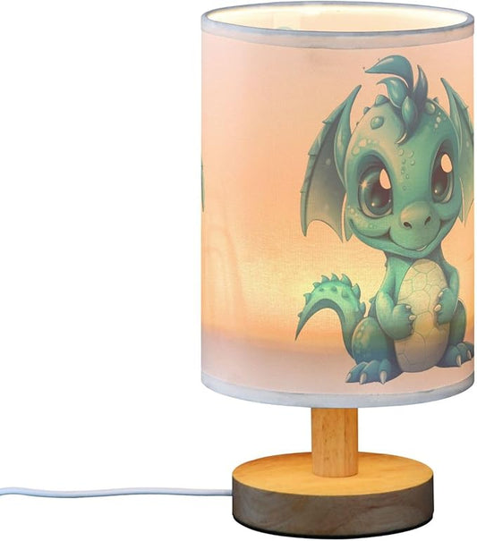 Table Lamp Blue Dragon Nightstand Lamp with Wood Base Fabric Lamp Shade Bedside Desk Lamp for Living Room Bedroom Kids Room Office