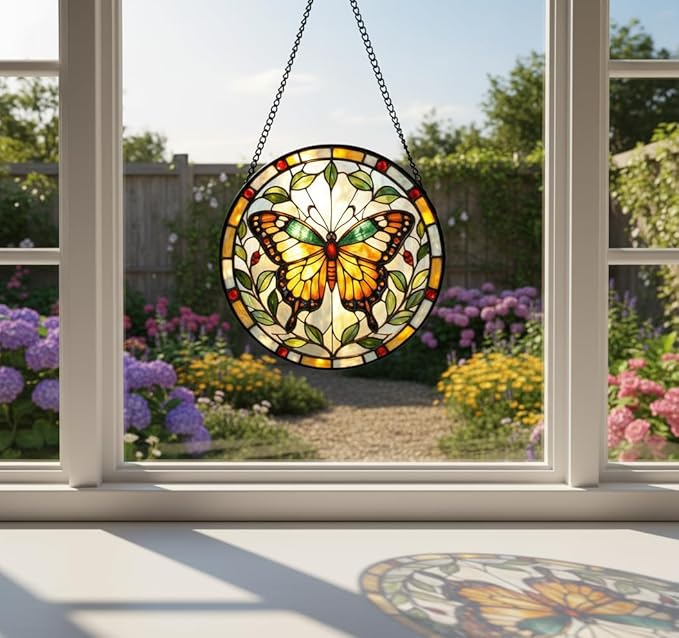 Butterfly Stained Glass Sun Catcher for Window Hanging, Yellow Butterfly Suncatcher for Indoor Window Decoration, Stained Glass Panel Home Decor for Women, Mom (Yellow, 9'')
