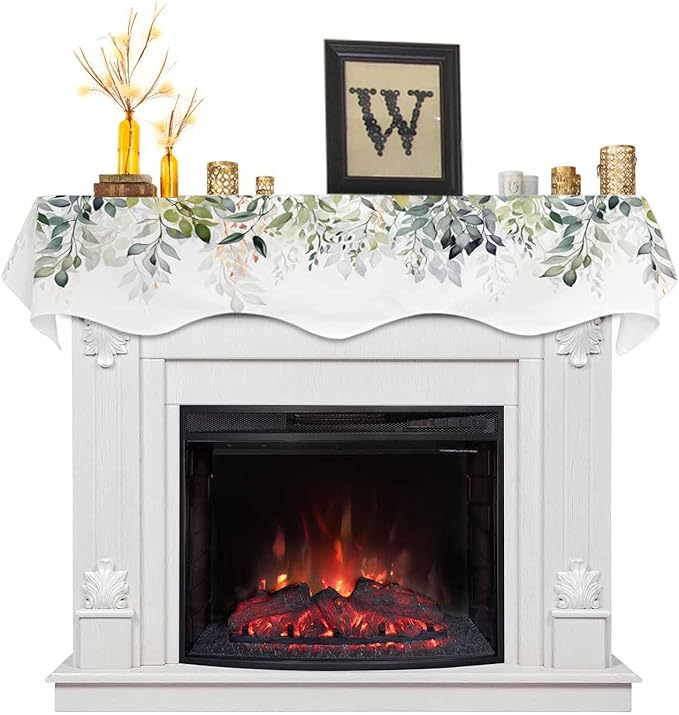 Sage Green Mantle Scarf 60 x 17 Inch, Watercolor Plant Leaves Fireplace Mantel Scarf Farmhouse Botanical Mantel Cover Runner for Daily Use, Seasonal Holiday, Home Party, Indoor Outdoor Decor