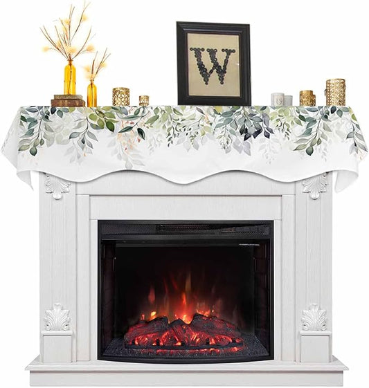 Sage Green Mantle Scarf 60 x 17 Inch, Watercolor Plant Leaves Fireplace Mantel Scarf Farmhouse Botanical Mantel Cover Runner for Daily Use, Seasonal Holiday, Home Party, Indoor Outdoor Decor