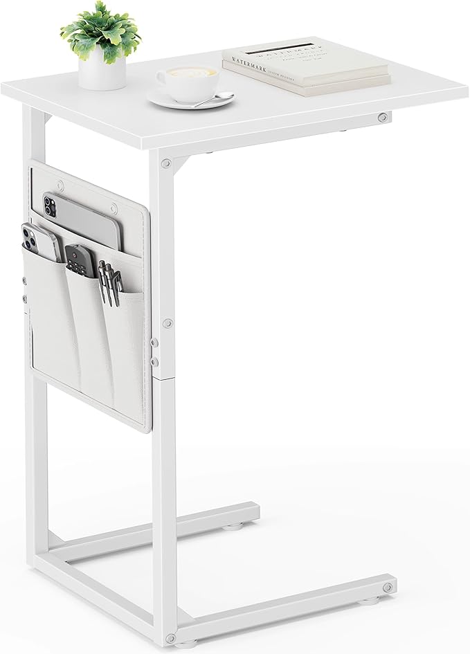 Vagusicc C Shaped End Table, Small Side Table for Couch, Couch Side Table Arm C Table for Sofa, TV Tray Slide Under Sofa Drink Table with Metal Frame for Living Room, Bedroom, Bedside, White