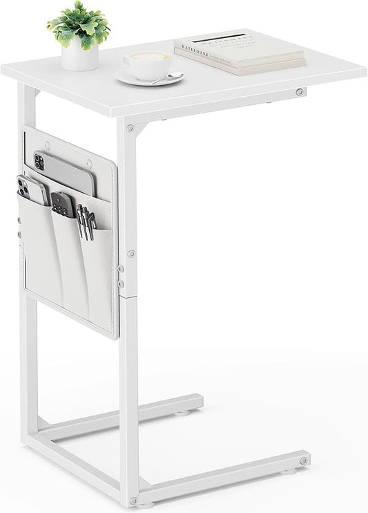 Vagusicc C Shaped End Table, Small Side Table for Couch, Couch Side Table Arm C Table for Sofa, TV Tray Slide Under Sofa Drink Table with Metal Frame for Living Room, Bedroom, Bedside, White