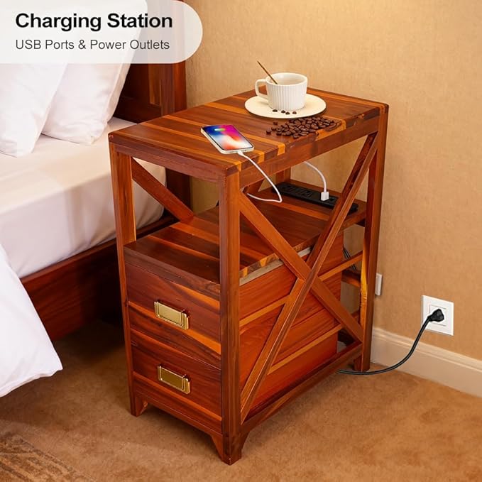 Fully Assembled Narrow Side Table with Charging Station, No Assembly Narrow Nightstand with USB Ports, Pre Assembled Skinny End Table with Outlets for Living Room, Bedroom-Golden Koa