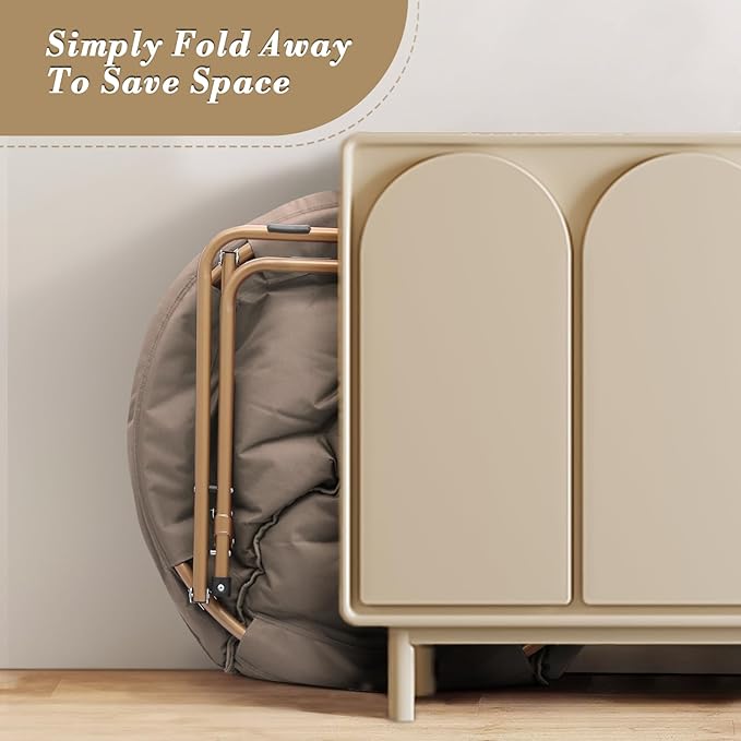 Athena Collection Saucer Chair with Ottoman Comfy Chair for Bed Room Living Room Folding Round Cozy Chair Faux Fur Metal Frame Foldable Lazy Chair Accent Chair Reading Chair, Brown