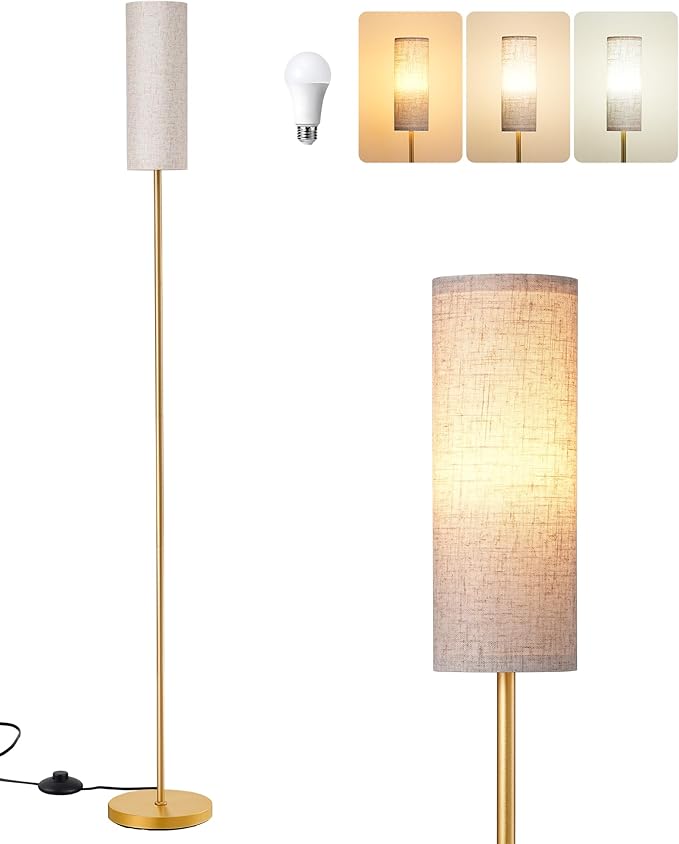 EDISHINE Floor Lamps for Living Room, 63.7in Minimalist Standing Lamp with Foot Pedal Switch, Modern Floor Lamp for Bedroom, Office, Nursery, 3 Color Temperature, 9W Bulb Included, Gold
