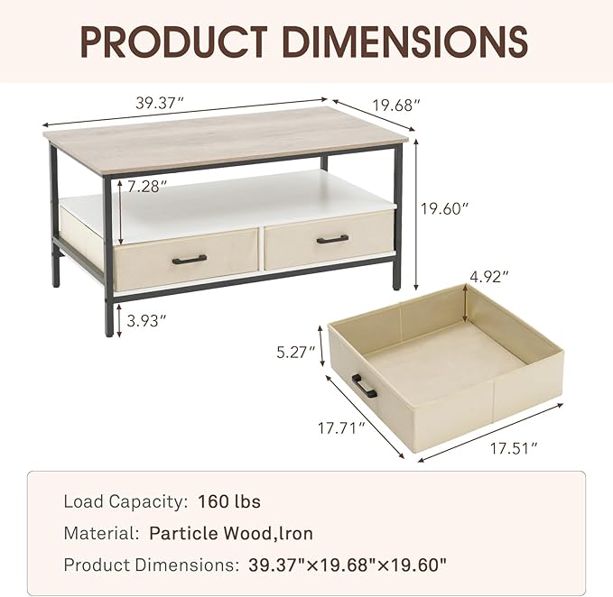 OC Orange-Casual Coffee Table, 40" Farmhouse Coffee Table with Storage Shelf & 2 Removable and Foldable Drawers, Center Table with Sturdy Frame, for Living Room, Bedroom, Office