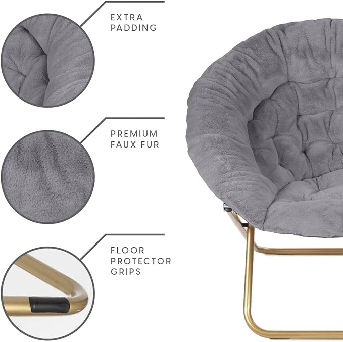 Milliard Saucer Chair For Adults, Teens & Kids, Grey, Faux Fur XL Circle Chair for Bedroom, Dorm & Gaming, Foldable Comfy Accent Seat for Small Spaces, Folding Moon / Mushroom / Round Oversized Style