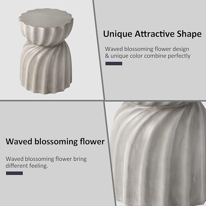 HOMPUS Unique Outdoor Concrete Side Table Set of 2, Garden Stool, 2 Piece Round Patio MgO End Table, Lightweight Small Accent Table for Indoor Outdoor Use, Patio, Garden, Backyard, Natural Grey