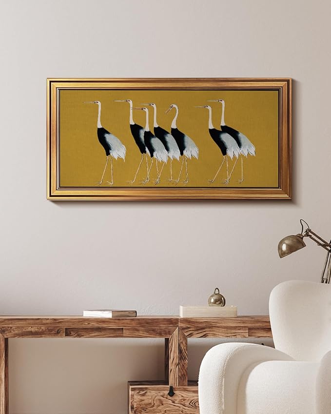 HUARCEY Gold Framed Vintage Wall Art for Living Room, Animals Painting Prints Shelf Decor for Kitchen, Aesthetic Bedroom Wall Art Decor, Christmas Gifts for Friends or Family (Seven Cranes 20"x40")