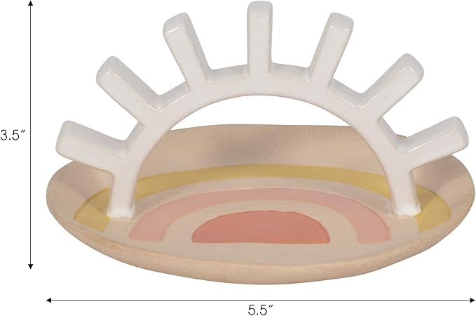 Sagebrook Home Boho Trinket Tray with Ring Holder - Ceramic Stoneware Jewelry Dish - Decorative Organizer for Rings & Accessories - Home, Office, Bedroom & Living Room Decor - 4" Ivory & Tan