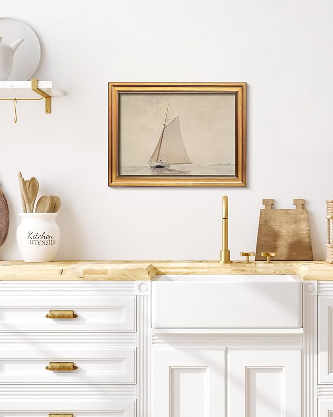 HUARCEY Gold Framed Vintage Wall Art for Living Room, Seaview Painting Prints Shelf Decor for Kitchen, Aesthetic Bedroom Wall Art, Christmas Gifts for Friends or Family (White Sailboat - 12"x16")