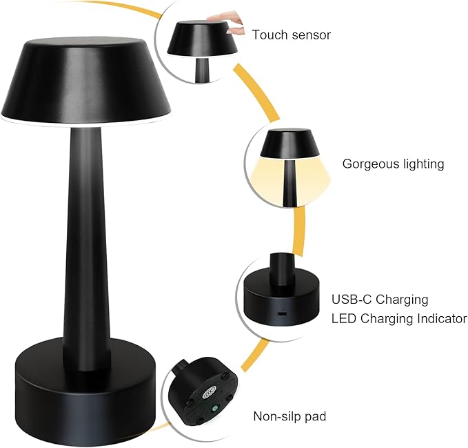 UMEXUS 2 Pack Rechargeable Small Cordless Table Lamp, LED Battery Operated Touch 3 Color Dimming Bedside Nightstand Desk Lamps Metal Portable Night Lights for Bedroom Bar Restaurant Outdoor Black