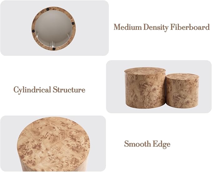 EALSON Nesting Coffee Tables Set of 2 Farmhouse Small Round End Tables Modern Wood Circle Side Table Drum Table for Living Room Small Spaces Bedroom Balcony, No Assembly, Natural Burl