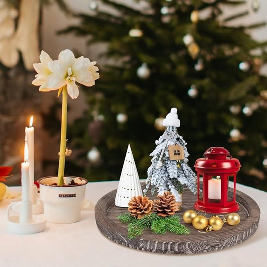 Round Decorative Wooden Serving Trays for Ottoman Coffee Table Tray Farmhouse Kitchen Home Decor Accents Circle Circular Wood Decorations Trays Rustic Dining Table Centerpiece Candle Holder Tray