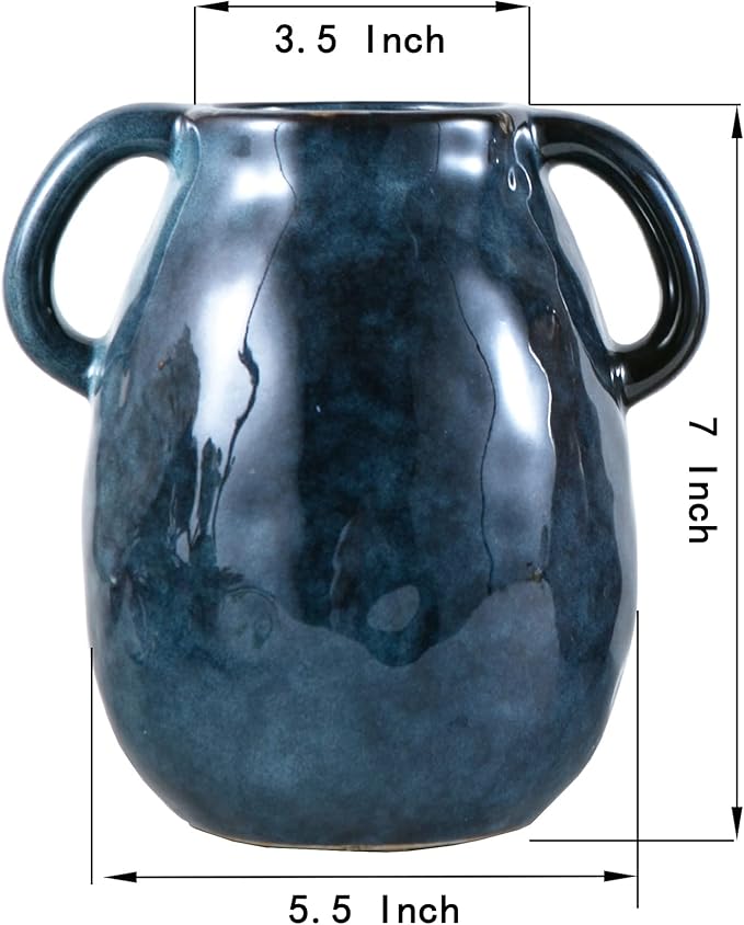 Blue Ceramic Vase with 2 Handles, Modern Farmhouse Decor, Rustic Terracotta Pottery, Decorative Flower Vases, Clay Small Vase, Centerpiece for Dining Table - 7 Inch Tall