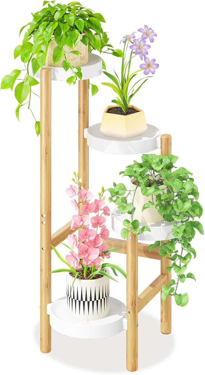 LASZOLA Bamboo White 4 Tier Heavy Duty Plant Stand Indoor, Tall Multiple Level Vertical Planter Rack for Modern Narrow Corner, Slim Spiral Flower Holder Organizer Display for House Decor, Plastic Tray