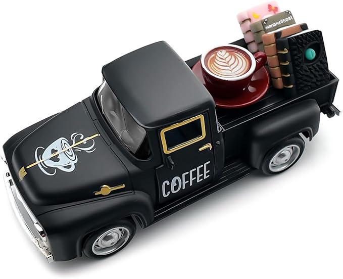 Coffee Decor for Coffee Bar Vintage Metal Truck with Mini Fake Books and Coffee Farmhouse Coffee Station Tabletop Coffee Ghost Sign Halloween Tiered Tray Decor Rustic Coffee Table Centerpiece, Black