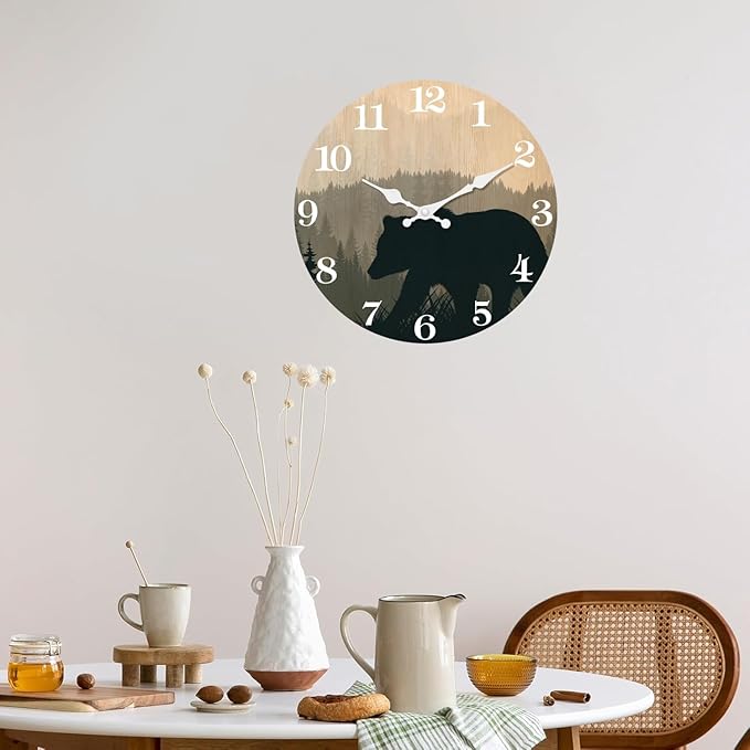 XFM Cabin Bear Wall Clock 16 Inch Silent Wooden Wall Clocks Battery Operated Rustic Forest Wildlife Clock for Lodge Living Room Kitchen Office