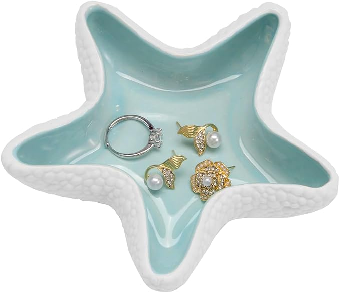 Jewelry Dish Tray For Coastal Beach Room Decor,Cute Ceramic Ring Holder Gift For Women Sister Mom Friend ,Decorative Trinket Jewelry Organizer Tray For Rings Earrings Necklaces ets (Blue starfish)