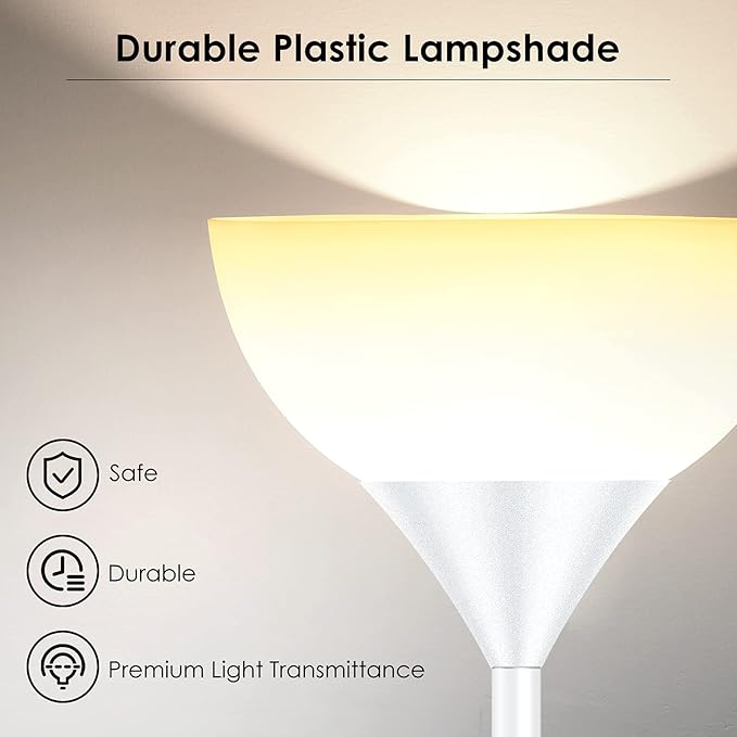 Floor Lamps for Living Room White, Standing Lamp, Torchiere Floor Lamps with Adjustable Reading Light, 71" Tall Pole Lamps, 3 Way Switch, Torch Corner Floor Lamp for Bedroom/Office(E26 Base, No Bulb)