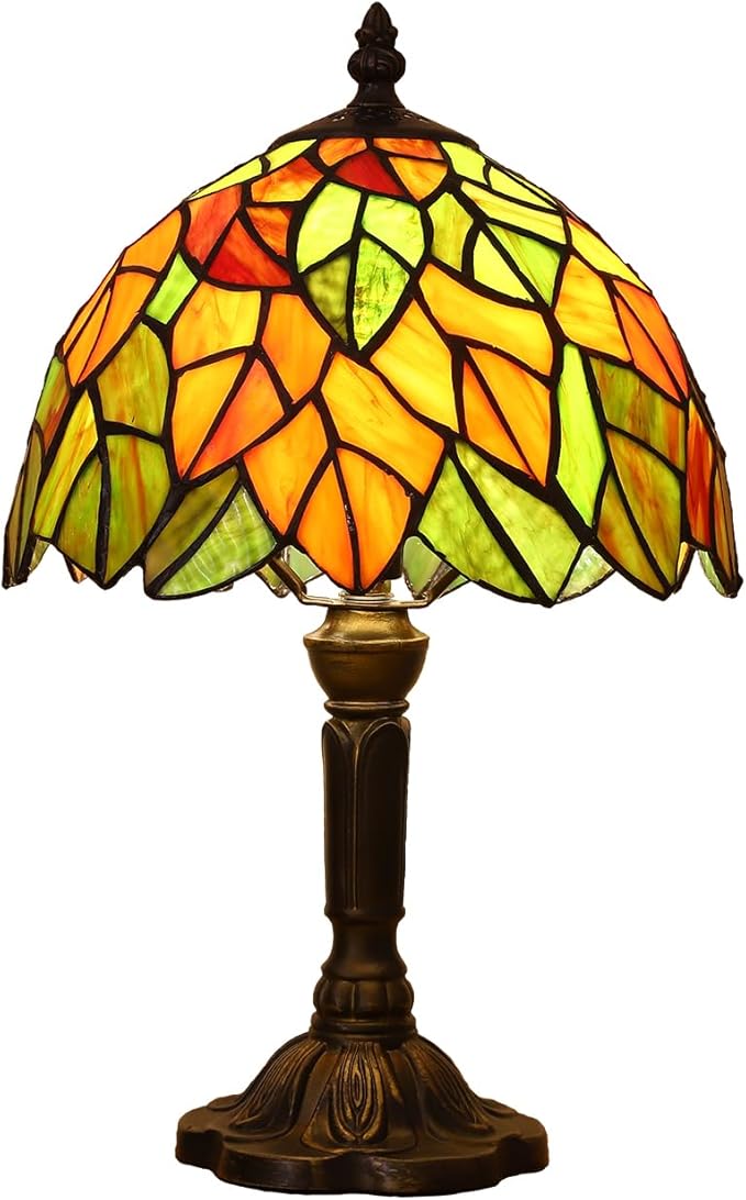 Tiffany Lamp Maple Leafs Stained Glass Bedside Nightstand Table Lamp,3-Way Color Temperature,Handcrafted Small Lamps for Living Room,Bedroom+LED Bulb,Home Decor Gifts,9X9X15Inch