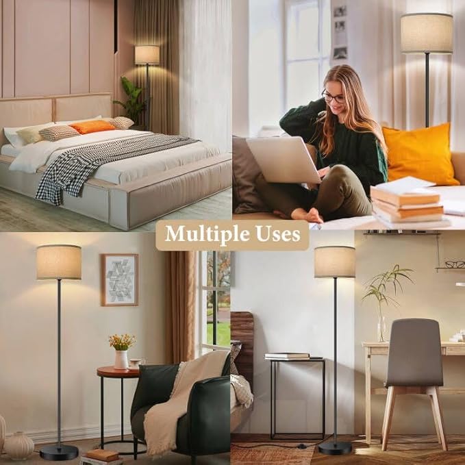 65’’ Tall Floor Lamp for Bedroom, Living Room Pole Floor Light with Grey Shade, Dimmable Standing Floor Lamp with 3-Color Changing LED Bulbs, Simple Design E26 Stand-up Lamp with Foot Switch