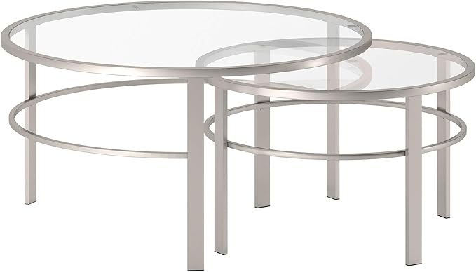 Henn&Hart Round Nested Coffee Table in Satin Nickel, Modern coffee tables for living room, studio apartment essentials, 36" Wide