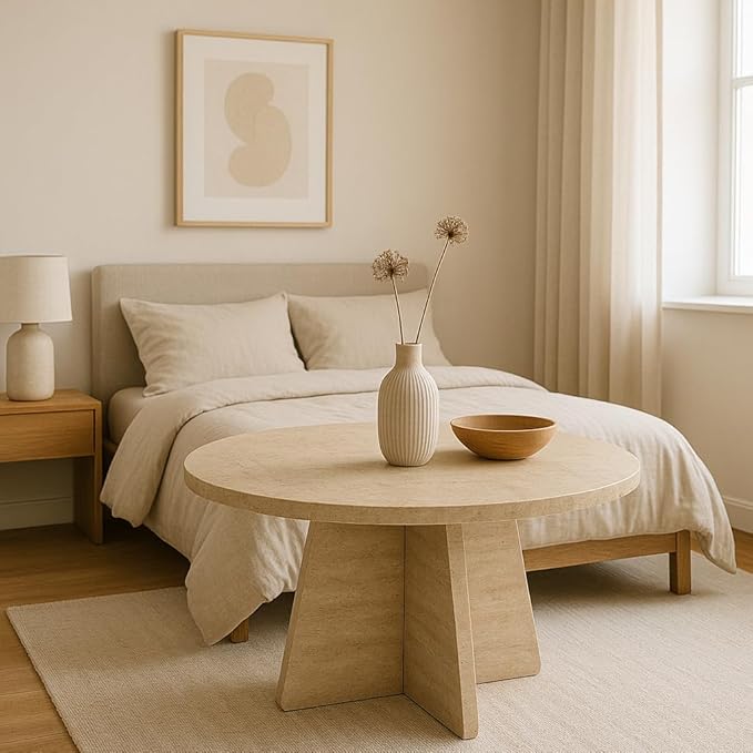 Travertine Efect Coffee Table Modern Side Table for Living Room Accent Table for Sofa or Bedroom (28.3x28.3x16.5 inches)