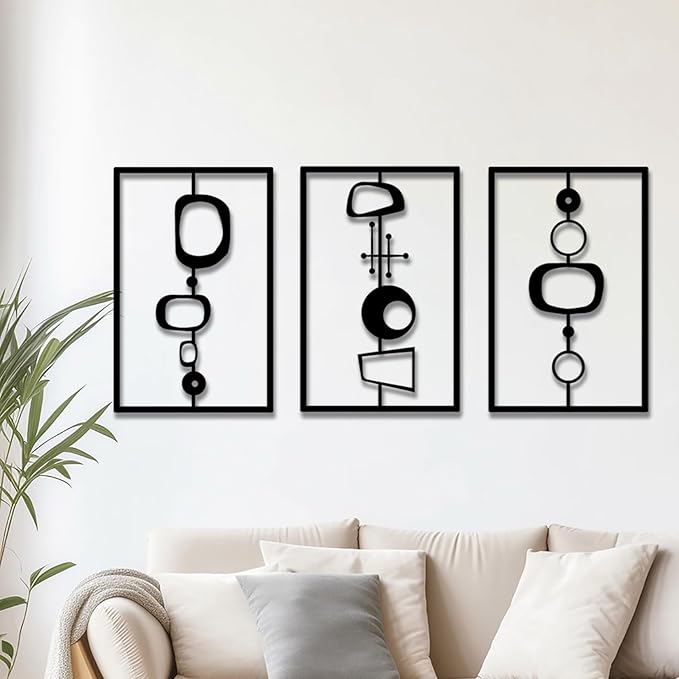 3 Pcs Metal Abstract Wall Decor, Minimalist Lines Wall Hanging Art Painting, Modern Geometric Black Wall Sculpture Suitable for Home Office, Hotel Living Room, Bedroom and other Home Decoration