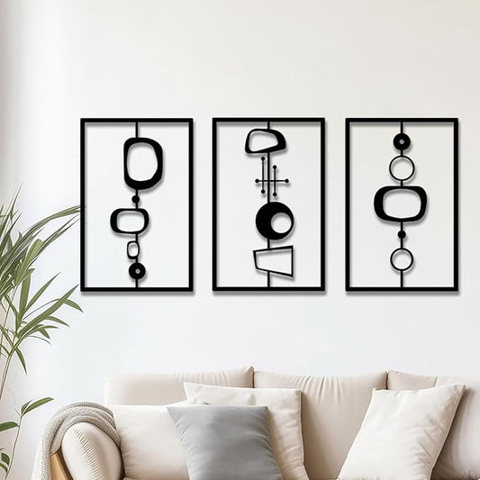 3 Pcs Metal Abstract Wall Decor, Minimalist Lines Wall Hanging Art Painting, Modern Geometric Black Wall Sculpture Suitable for Home Office, Hotel Living Room, Bedroom and other Home Decoration