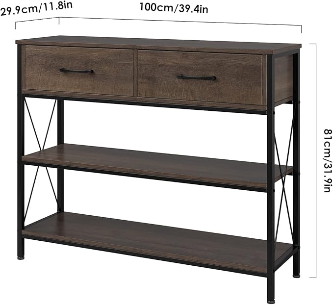 HITHOS Industrial Console Table with Drawers, Vintage Hallway Foyer Table with Storage Shelves, Narrow Long Sofa Entryway Table for Living Room, Dark Brown