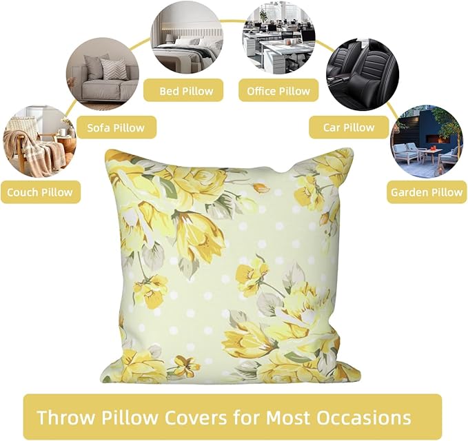 Light Yellow Flower Throw Pillow Covers 24"x24" Set of 4, Countryside Floral Sofa Cushion Cover for Chair Couch Bed Living Room Office Car Garden Patio Farmhouse Indoor Outdoor Decorative