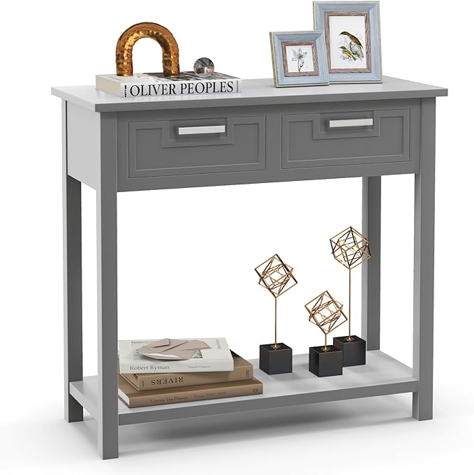 KOTEK Console Table with 2 Drawers & Shelf, Narrow Sofa Table with Rubber Wood Legs, Small Entryway Table for Living Room, Hallway, Office (Grey)