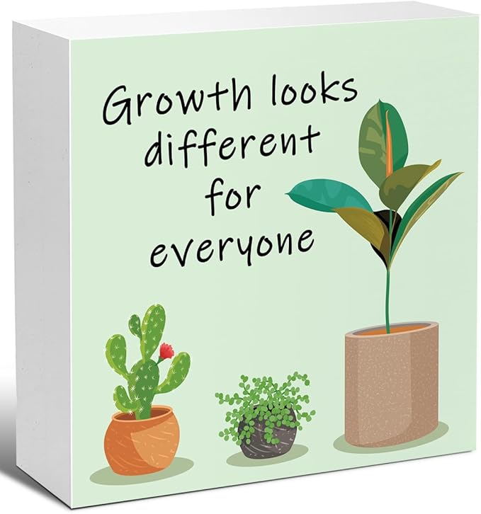 LVQHI Inspirational Wood Block Sign,Growth Looks Different for Everyone Plant Motivational Wooden Block Sign for Home Bedroom Office Desk Table Decor,Inspirational Cheer Up Gift for Coworker Green-2