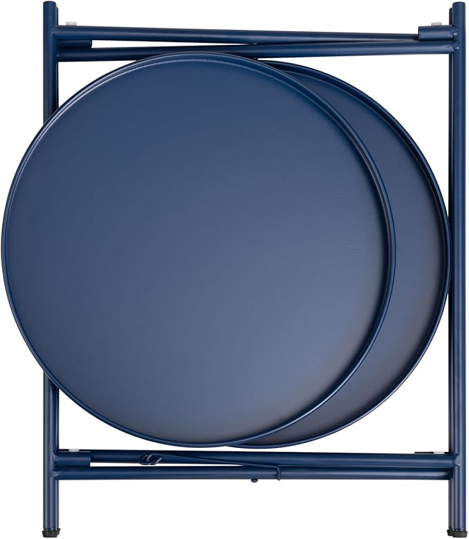 HollyHOME 2-Tier Round Side Table, Outdoor Small Folding Accent Stand with Removable Tray, Anti-Rust Metal Asional Table for Balcony Patio Living Room, Nightstand for Bedroom(Navy Blue)