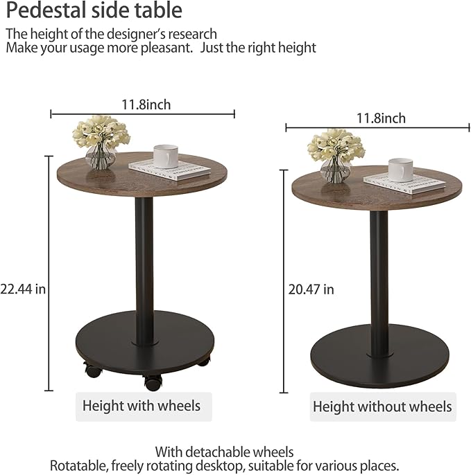 Pedestal with Wheels TV Tray Table, Rotating Couch Tables That Slide Under, Small Side Table for Living Room and Bedroom Sofas, Beds, Mini Coffee Tables, (H) 22.4 *(W) 11.8 (Assembly Required)