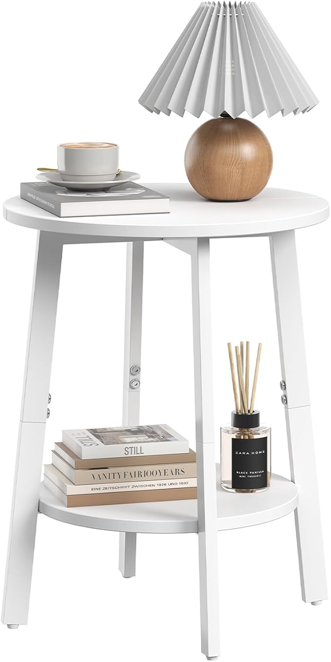 Side Table, Small Round End Table with Storage Shelf for Small Space, 2-Tier Bedside Table Sofa Couch Table, Round Accent Table Nighstands for Living Room, Bedroom,White