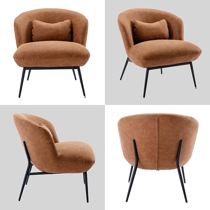 DUOMAY Modern Accent Chairs Set of 2, PU Upholstered Leisure Chair Single Sofa Chair Lounge Chair with Lumbar Pillow Metal Legs Slipper Chair for Living Room Bedroom Office, Brown