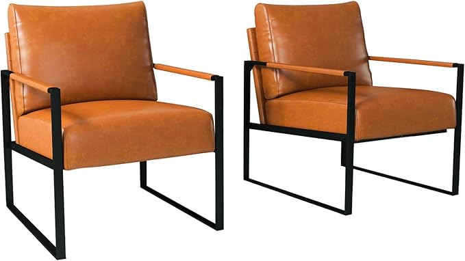 INZOY Leather Accent Chair with Metal Frame Set of 2, Comfy Living Room Chair with Plump Backrest and Cushion, Mid Century Modern Chair with Sturdy Structure, Easy to Clean, Brown
