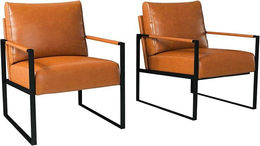 INZOY Leather Accent Chair with Metal Frame Set of 2, Comfy Living Room Chair with Plump Backrest and Cushion, Mid Century Modern Chair with Sturdy Structure, Easy to Clean, Brown
