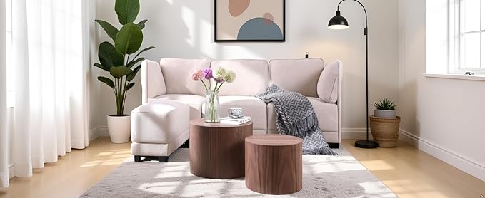KEVINSPACE Nesting Coffee Table Set of 2, Round Nesting Tables Wooden End Tables for Small Space, Modern Side Tables Set for Living Room, Office, No Need Assembly, Walnut