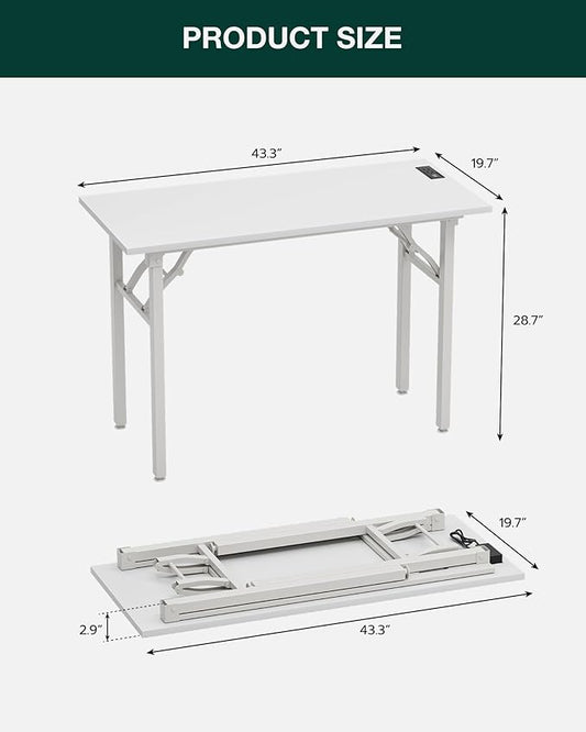 Frylr Small Folding Computer Desk – 43.3 Inch Portable Table for Craft and Study, Lightweight Desk for Small Spaces, Foldable Laptop Table Built-in AC/USB Outlets for Convenience, White