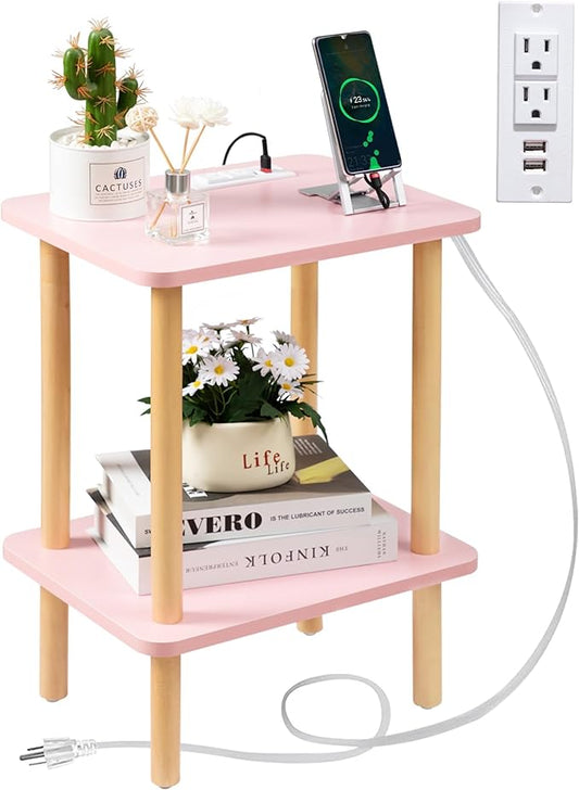 FORAOFUR Side Table with Charging Station, Small Side Table with 2 USB Ports and Outlets, End Tables for Small Spaces in Living Room, Bedroom & Nursery, 2 Tier Nightstand