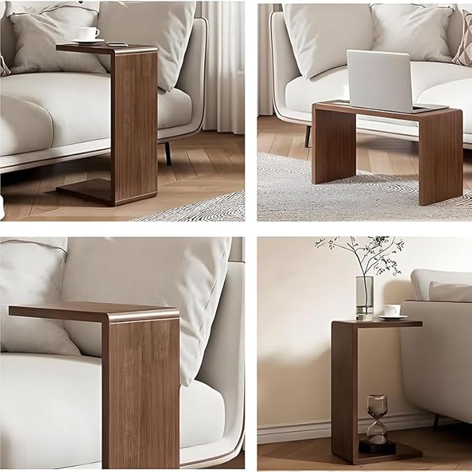 CHSSIH C Shaped End Table for Couch - Wooden Sofa Side Table, Slide Under Couch Table for Living Room, Bedroom, Laptop, Coffee, Small Space Narrow Furniture, Walnut