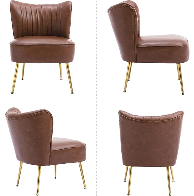 PU Leather Accent Chair Set of 2 - Comfy Armless Slipper Mid Century Side Chair With Golden Legs - Wingback Single Sofa for Living Room, Bedroom, Guest Room - Brown