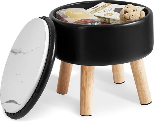 IBUYKE 13 Inch Foot Stool Ottoman with Storage, Round Small Foot Rest with Padded Seat and Wood Legs, PU Faux Leather Mini Footstool for Living Room Couch Bedroom Entryway, Black WBD023B