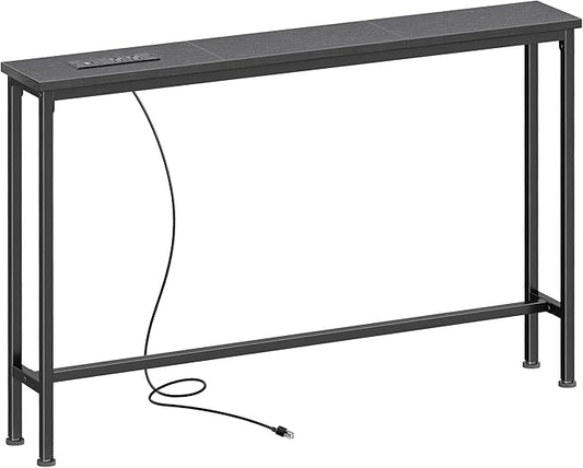 SUPERJARE 5.7 Inch Console Table with Outlet, Sofa Table, Behind Couch Table, 5.7 x 39.4 x 29.7 Inches, Metal Frame, Charging Station, for Living Room, Black