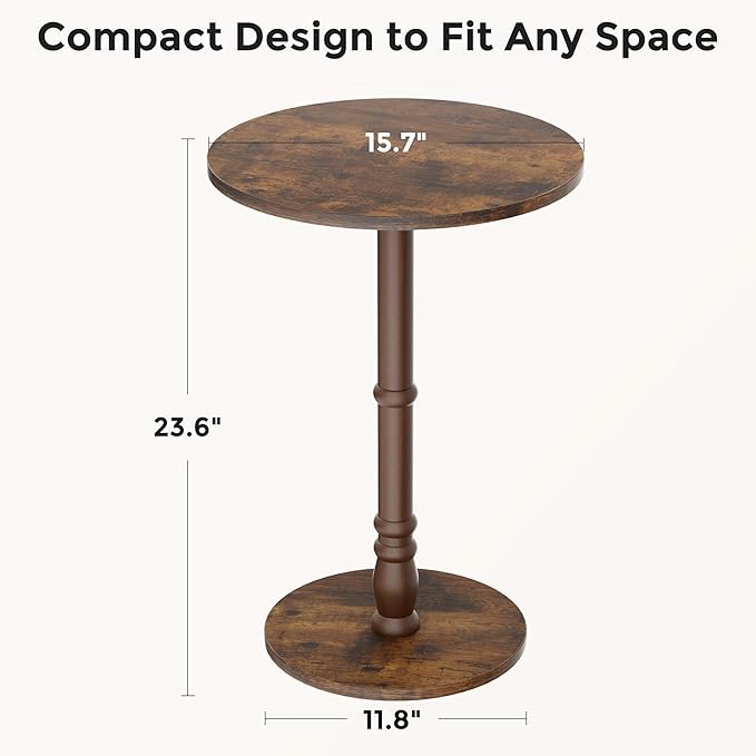 Round Side Table, Solid Wood Pillar, Large 15.7" Top, Small Accent Table for Living Room, Bedroom, Sofa, Entryway & Office, Easy Assembly, Rustic Brown