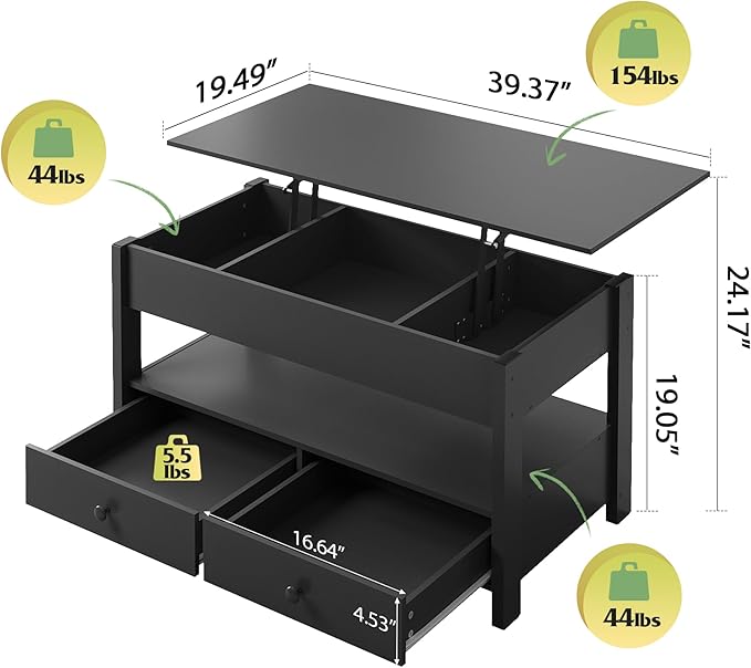 WLIVE Coffee Table, Lift Top Coffee Table with 2 Drawers, Large Hidden Hidden Compartment and Open Shelf, Lift Tabletop, Dining Table for Living Room, Black