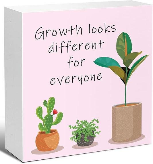 LVQHI Pink Inspirational Wood Block Sign,Growth Looks Different for Everyone Plant Motivational Wooden Block Sign for Home Bedroom Office Desk Decor,Inspirational Cheer Up Gift for Coworker Friend